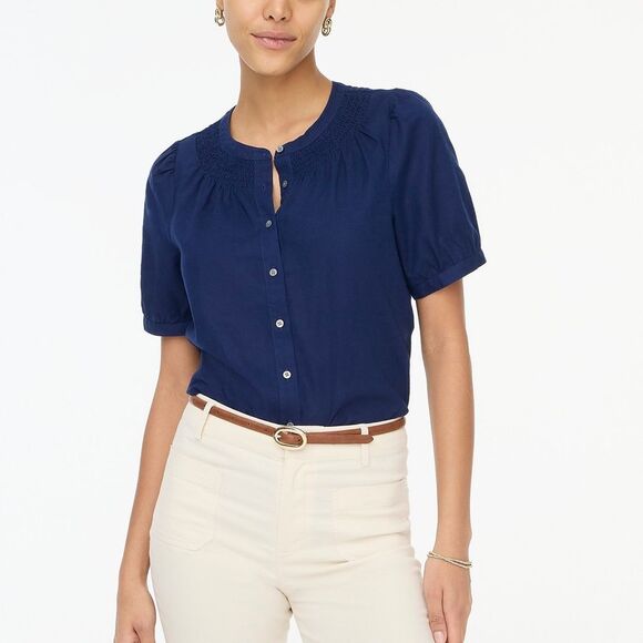 J Crew Factory NWT Linen Blend Short Sleeve Smock Neck Top Size Large in Navy - Picture 1 of 7